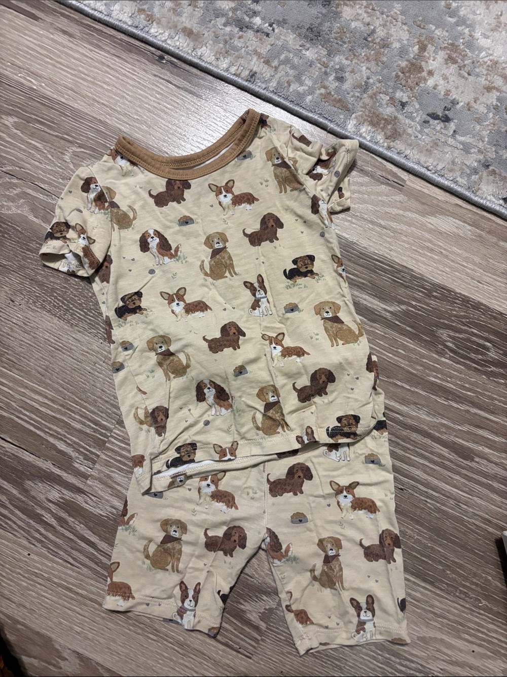 Kids Short Sleeve Pajama Set with Dog Print in Beige